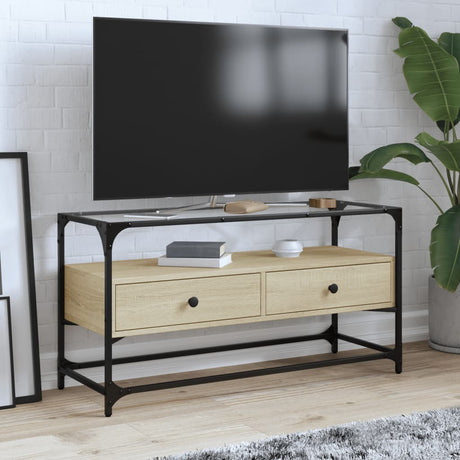 Tv Cabinet With Glass Top 98X35X51 Cm Engineered Wood
