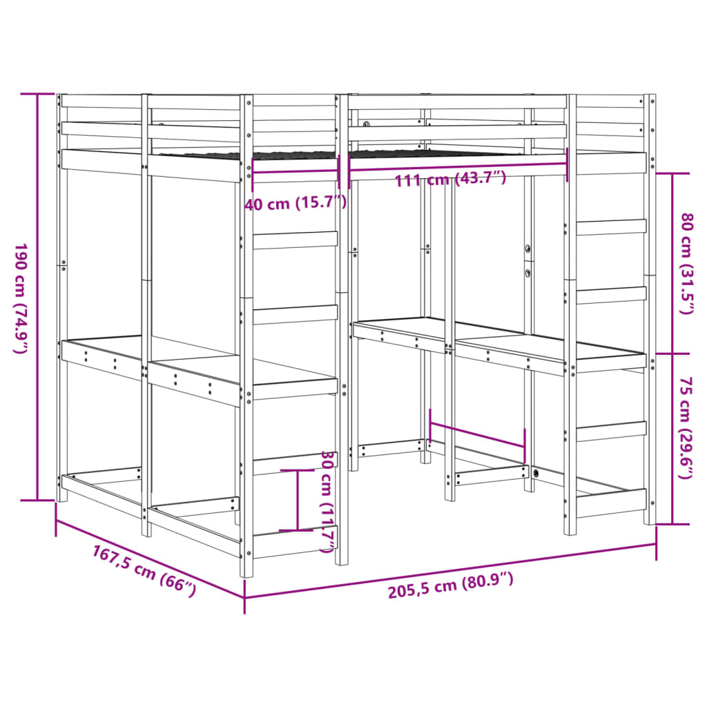 Loft Bed with Desk and Ladder White 160x200 cm Solid Wood Pine