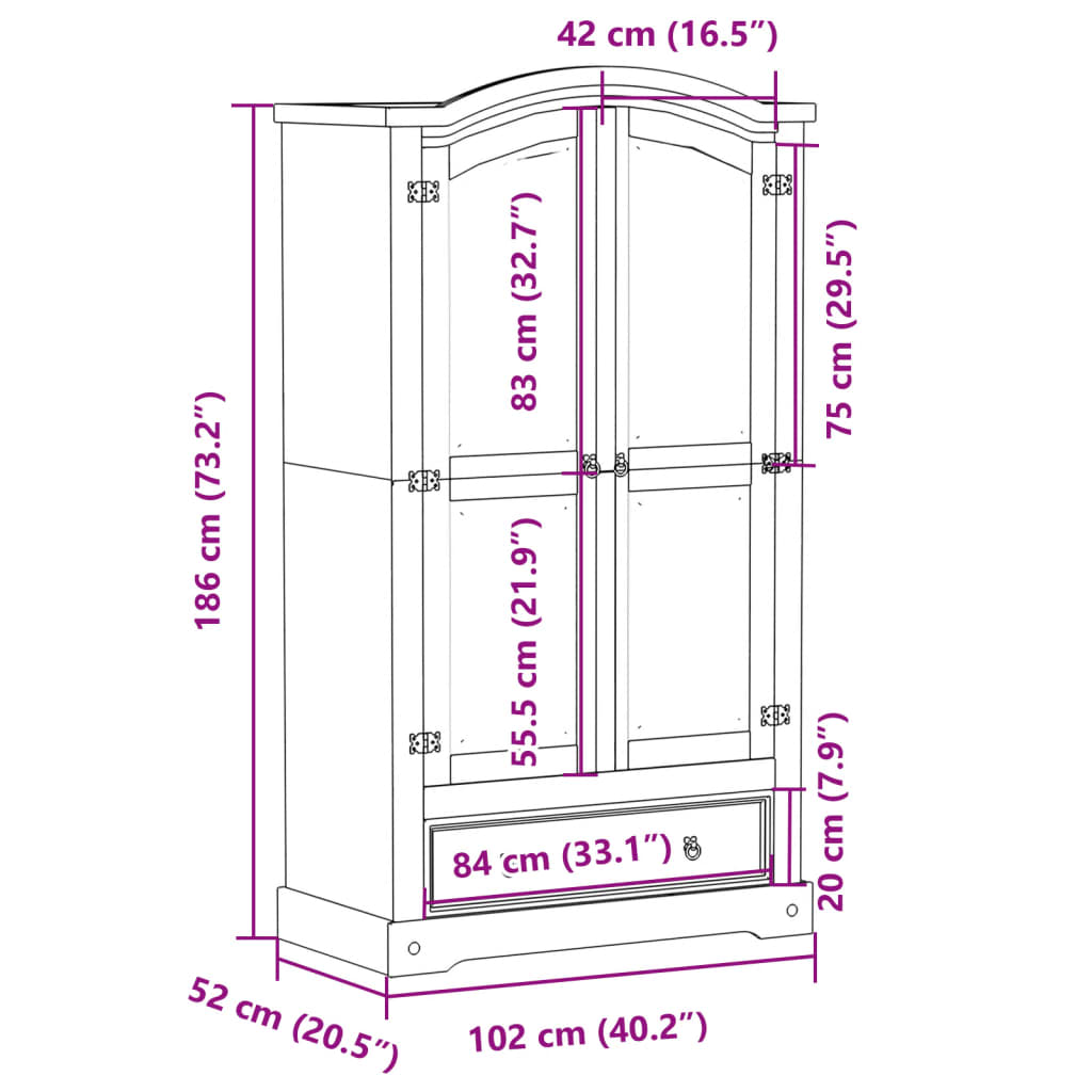 Wardrobe Corona 102x52x186 cm Solid Wood Pine