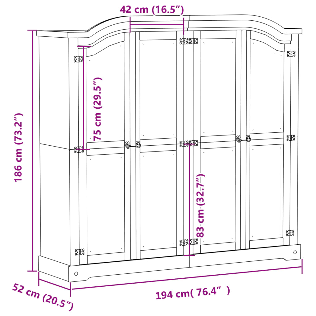 Wardrobe Corona 194X52X186 Cm Solid Wood Pine