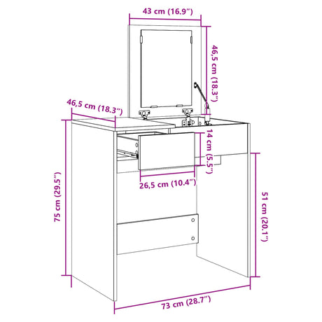 Dressing Table With Mirror 73X46.5X120 Cm