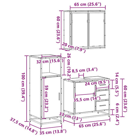 3 Piece Bathroom Furniture Set Engineered Wood