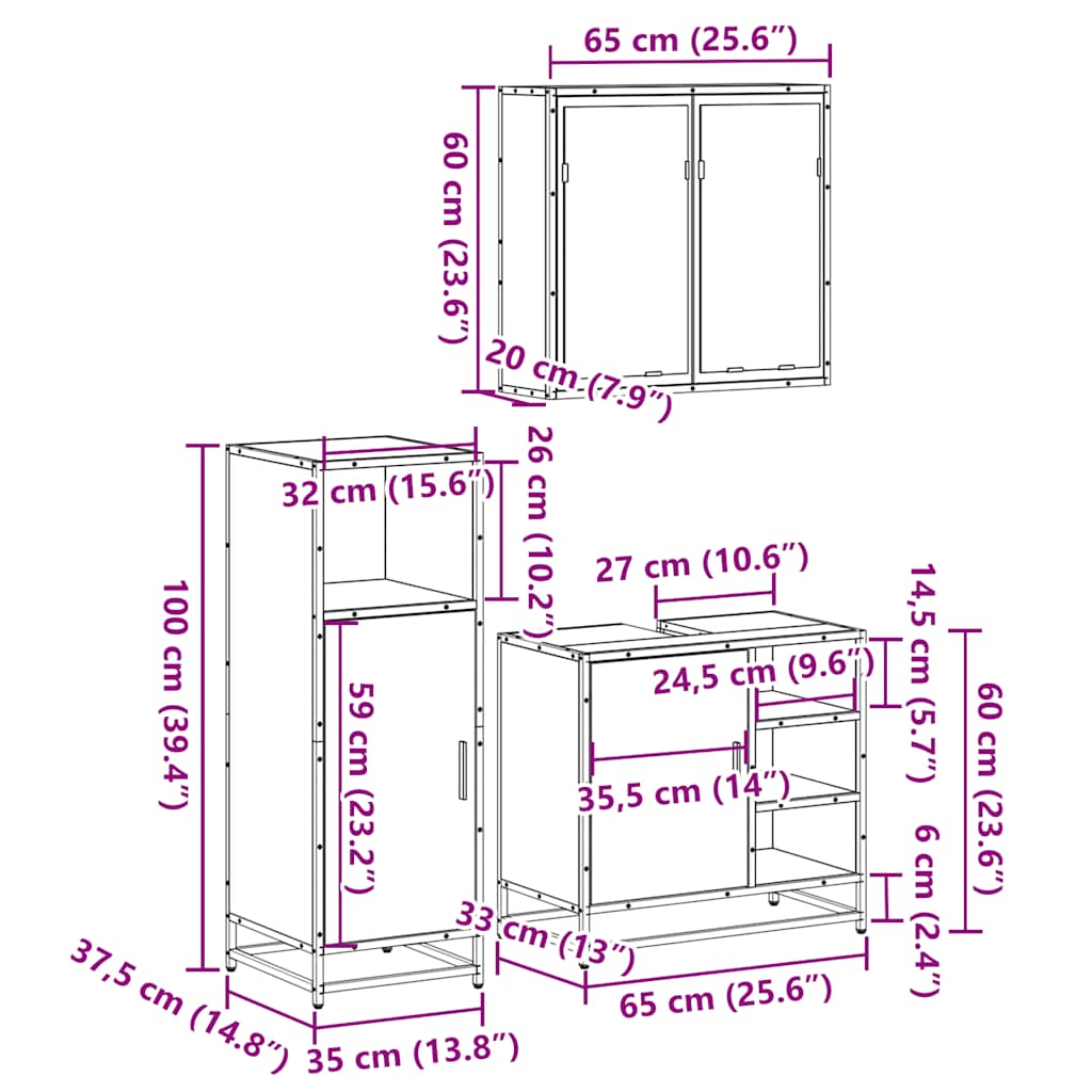 3 Piece Bathroom Furniture Set Engineered Wood
