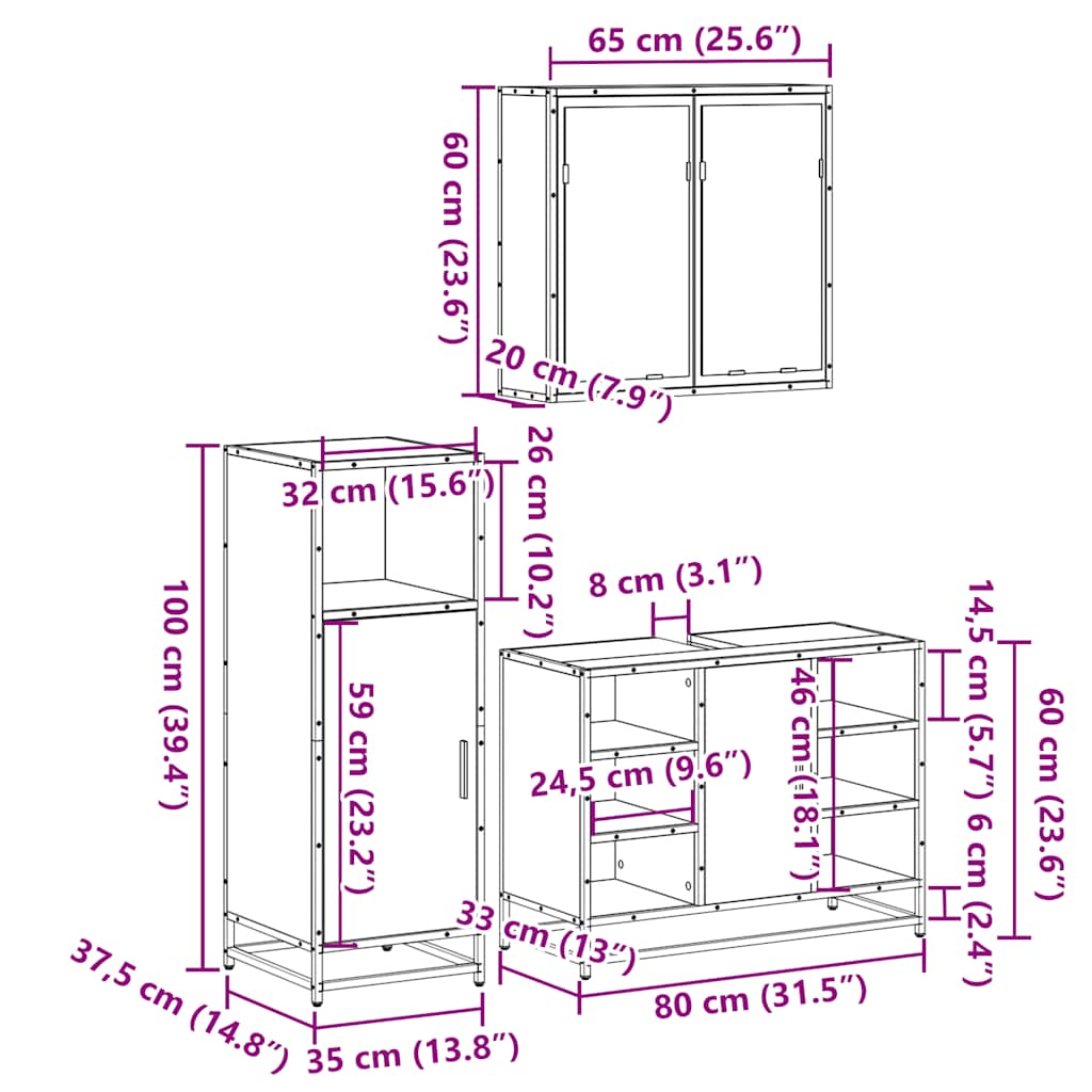 3 Piece Bathroom Furniture Set Engineered Wood