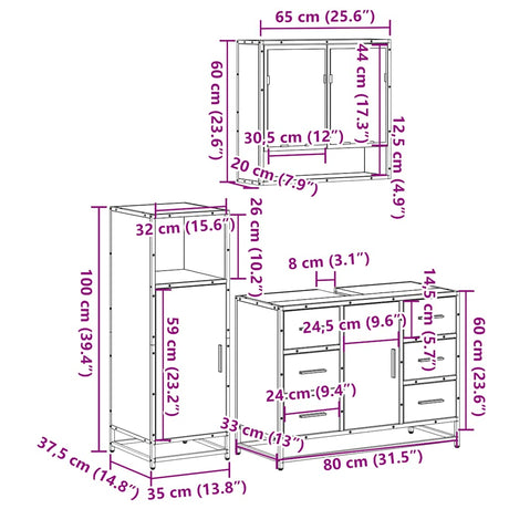 3 Piece Bathroom Furniture Set Engineered Wood