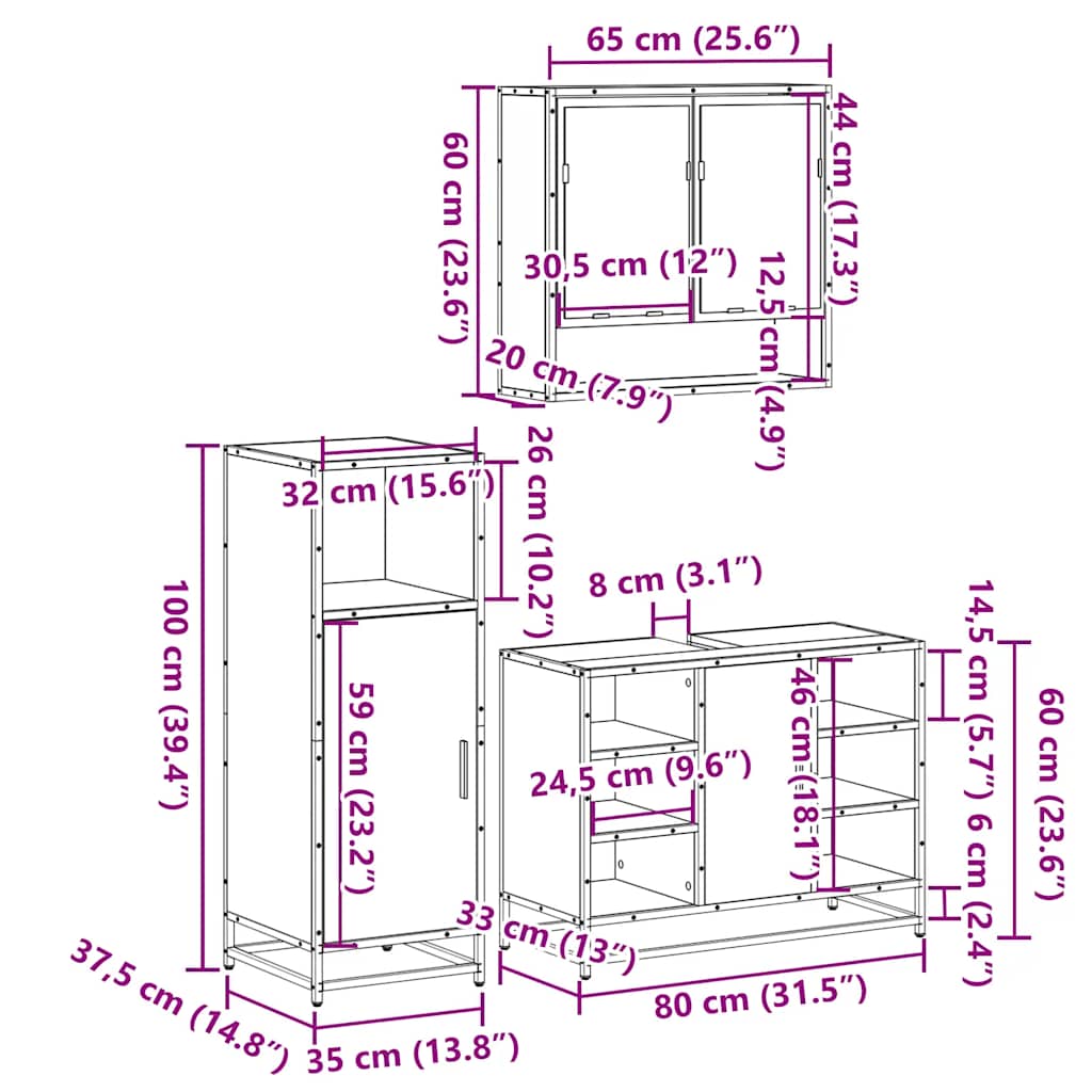 3 Piece Bathroom Furniture Set Engineered Wood
