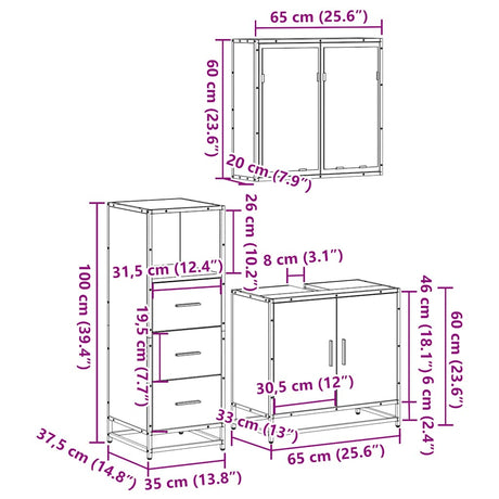 3 Piece Bathroom Furniture Set Engineered Wood