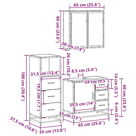 3 Piece Bathroom Furniture Set Engineered Wood