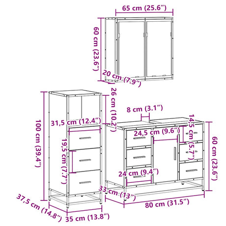 3 Piece Bathroom Furniture Set Engineered Wood