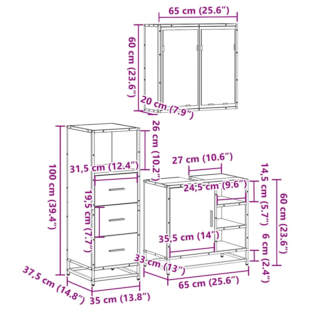 3 Piece Bathroom Furniture Set Engineered Wood
