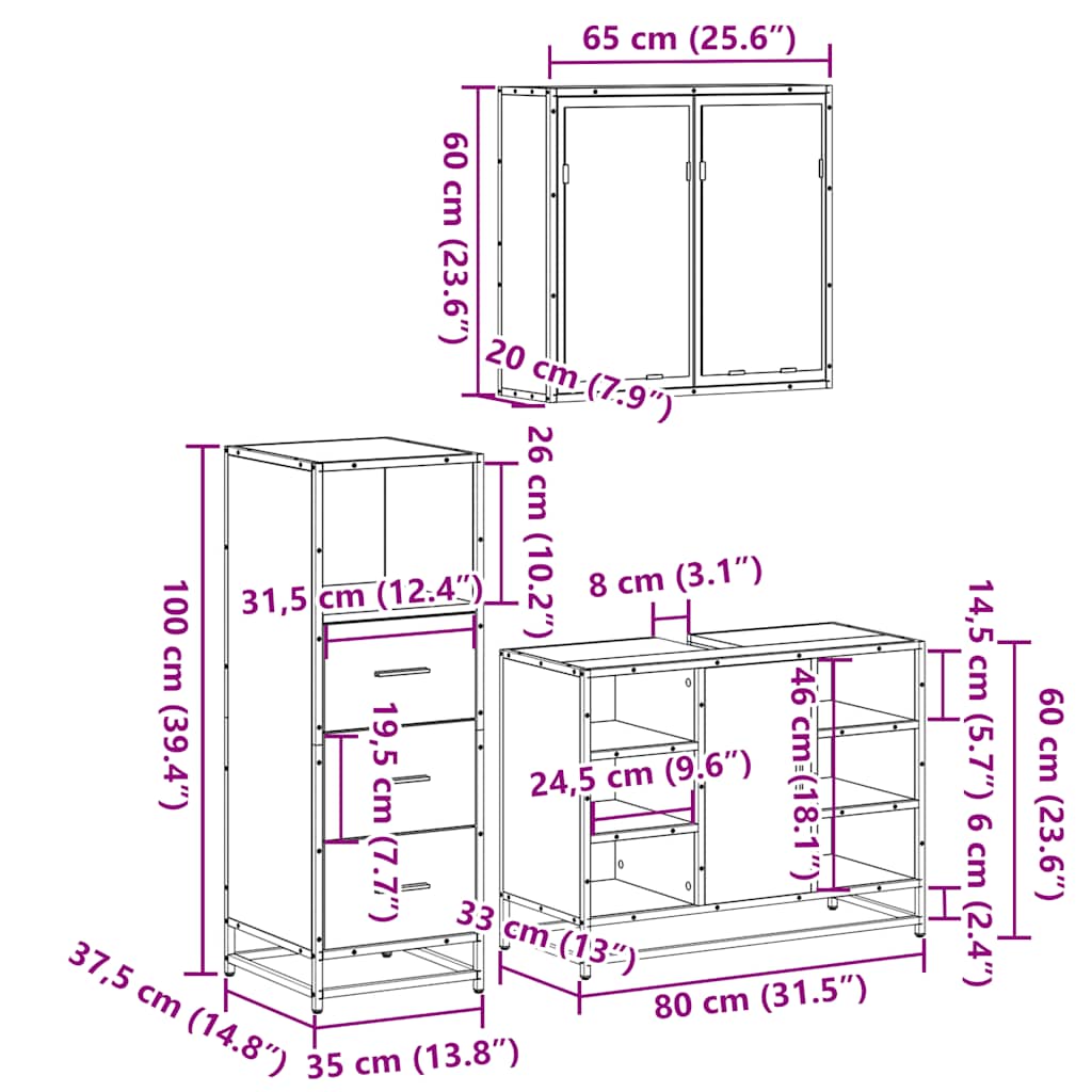 3 Piece Bathroom Furniture Set Engineered Wood