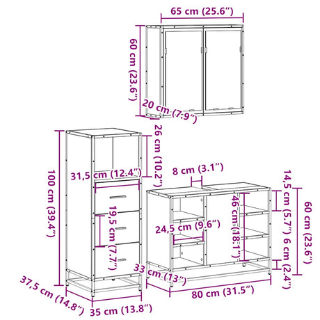 3 Piece Bathroom Furniture Set Engineered Wood