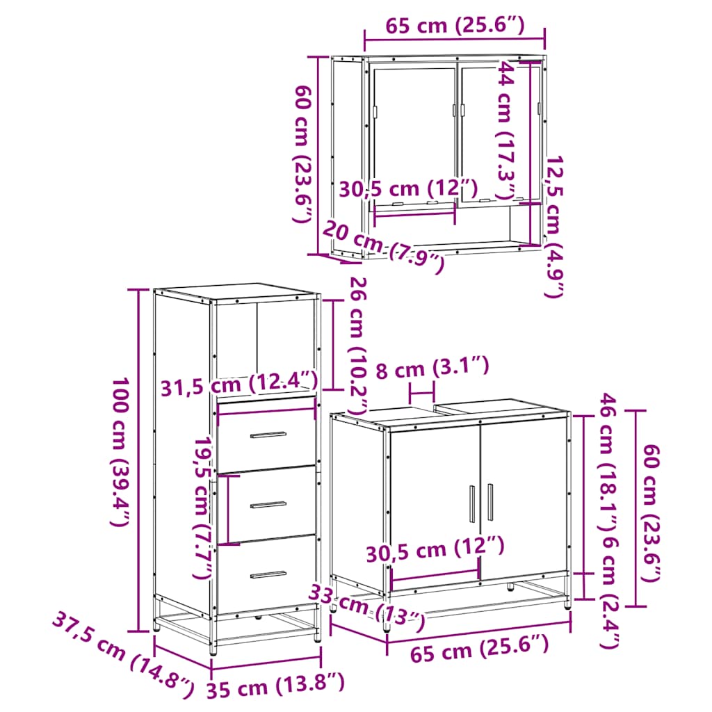 3 Piece Bathroom Furniture Set Engineered Wood