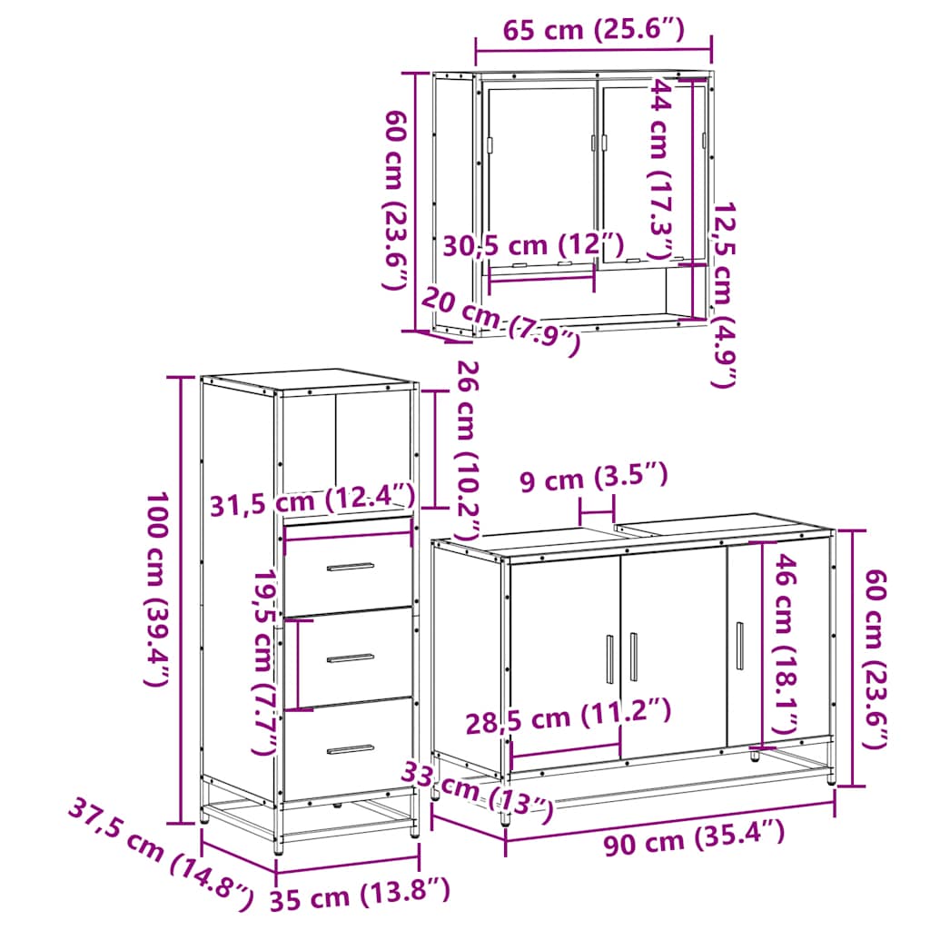 3 Piece Bathroom Furniture Set Engineered Wood