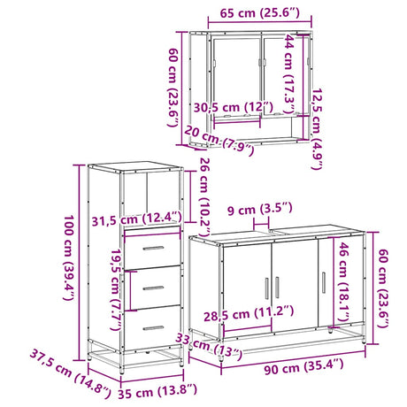 3 Piece Bathroom Furniture Set Engineered Wood
