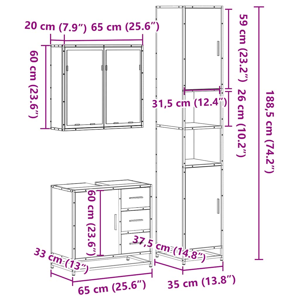 3 Piece Bathroom Furniture Set Engineered Wood
