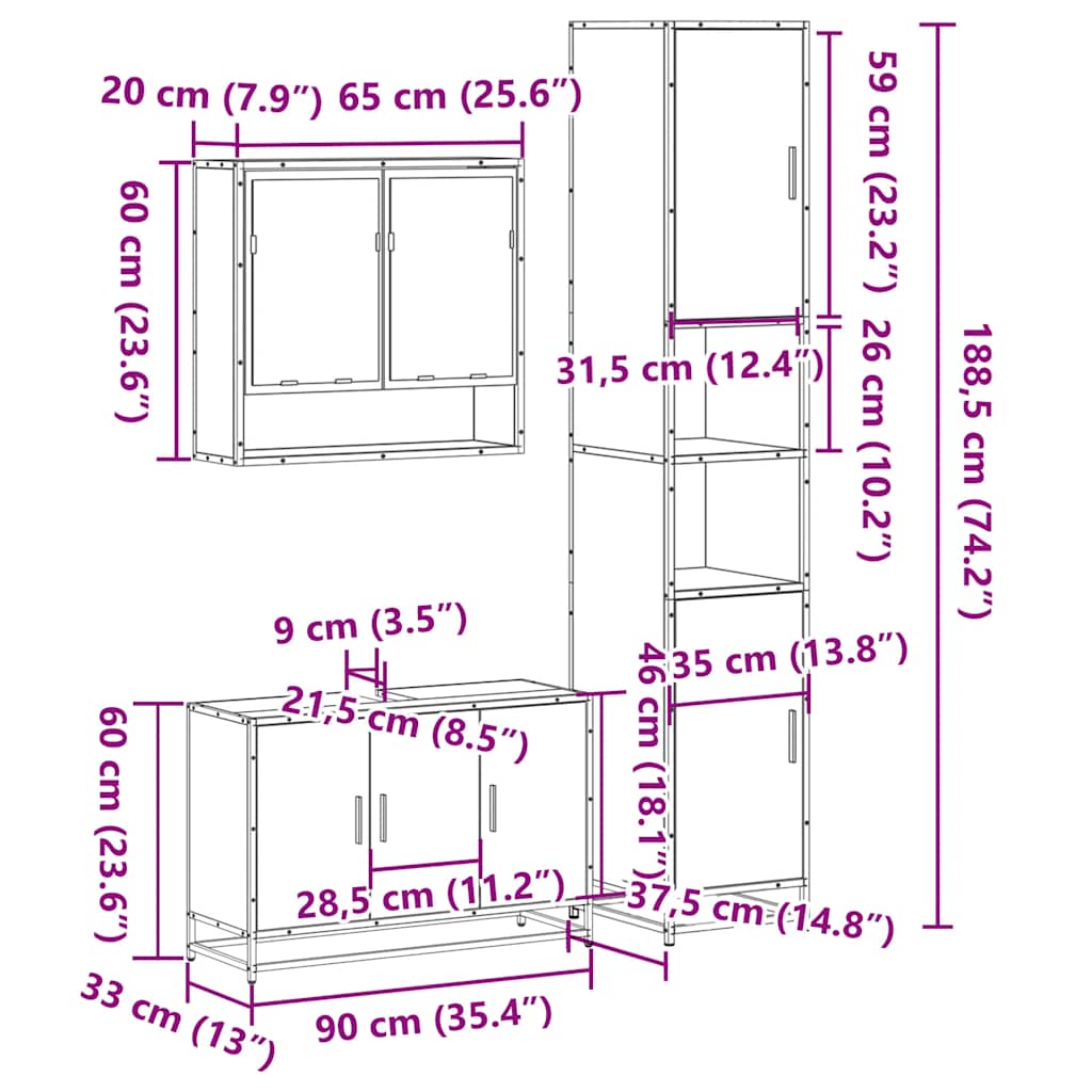 3 Piece Bathroom Furniture Set Engineered Wood