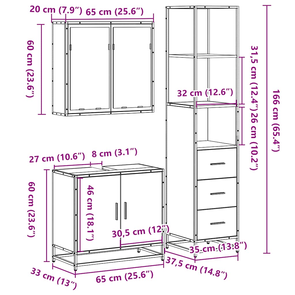 3 Piece Bathroom Furniture Set Engineered Wood