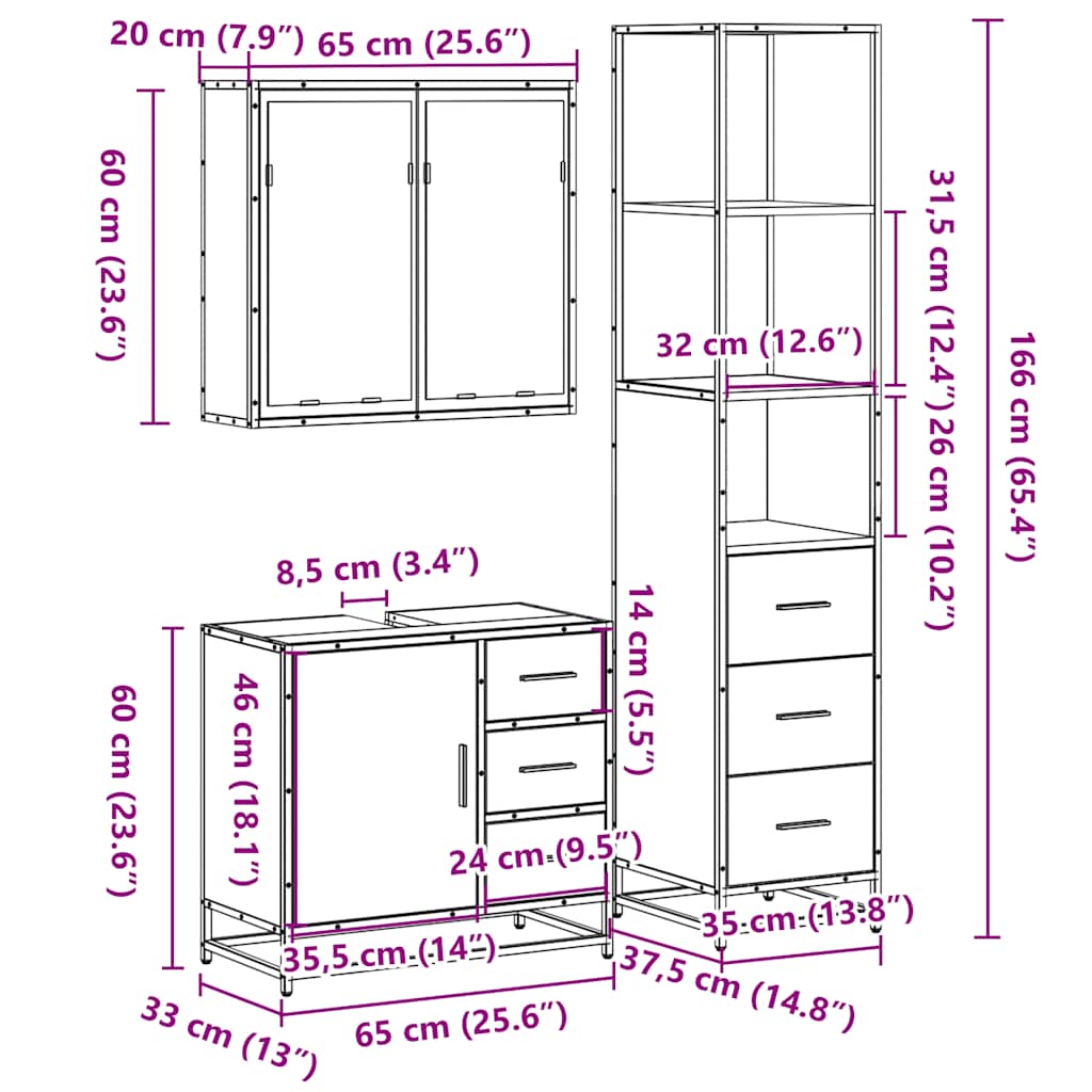 3 Piece Bathroom Furniture Set Engineered Wood