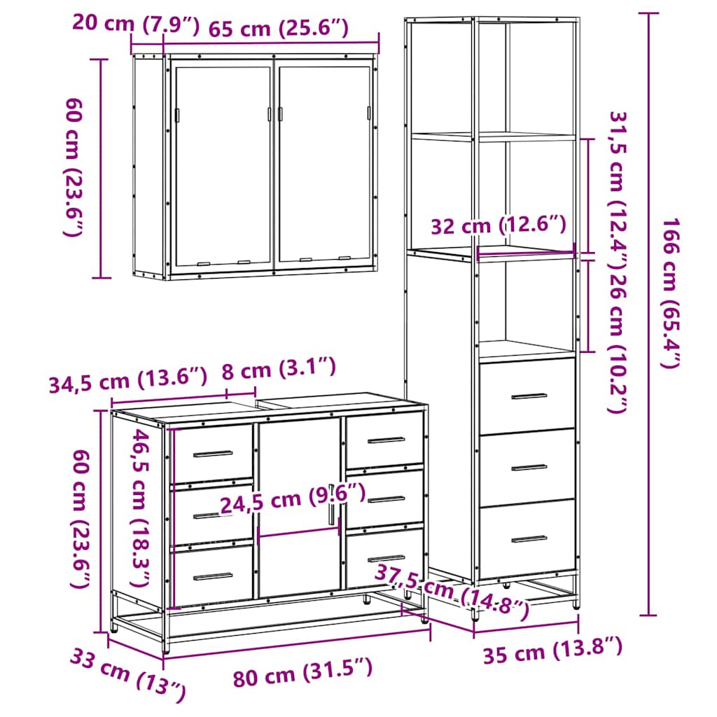 3 Piece Bathroom Furniture Set Engineered Wood
