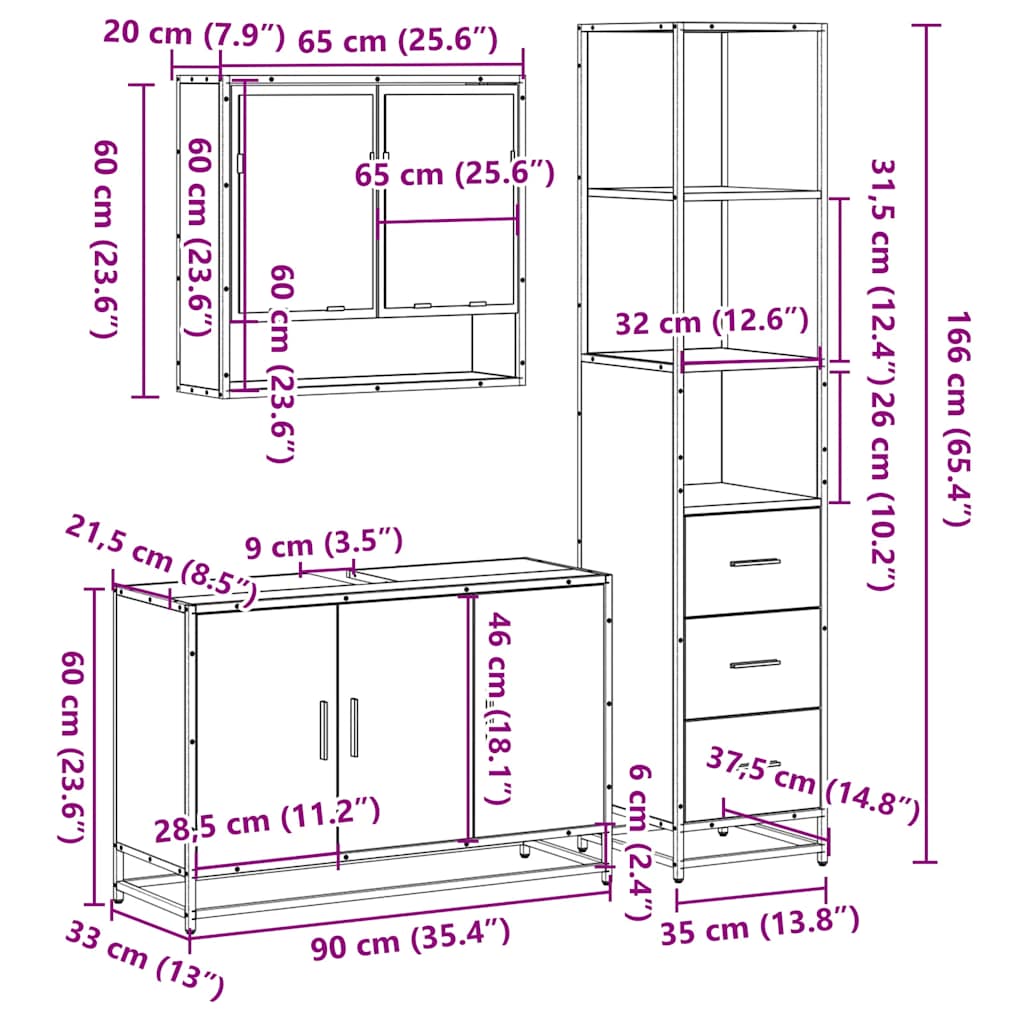 3 Piece Bathroom Furniture Set Engineered Wood