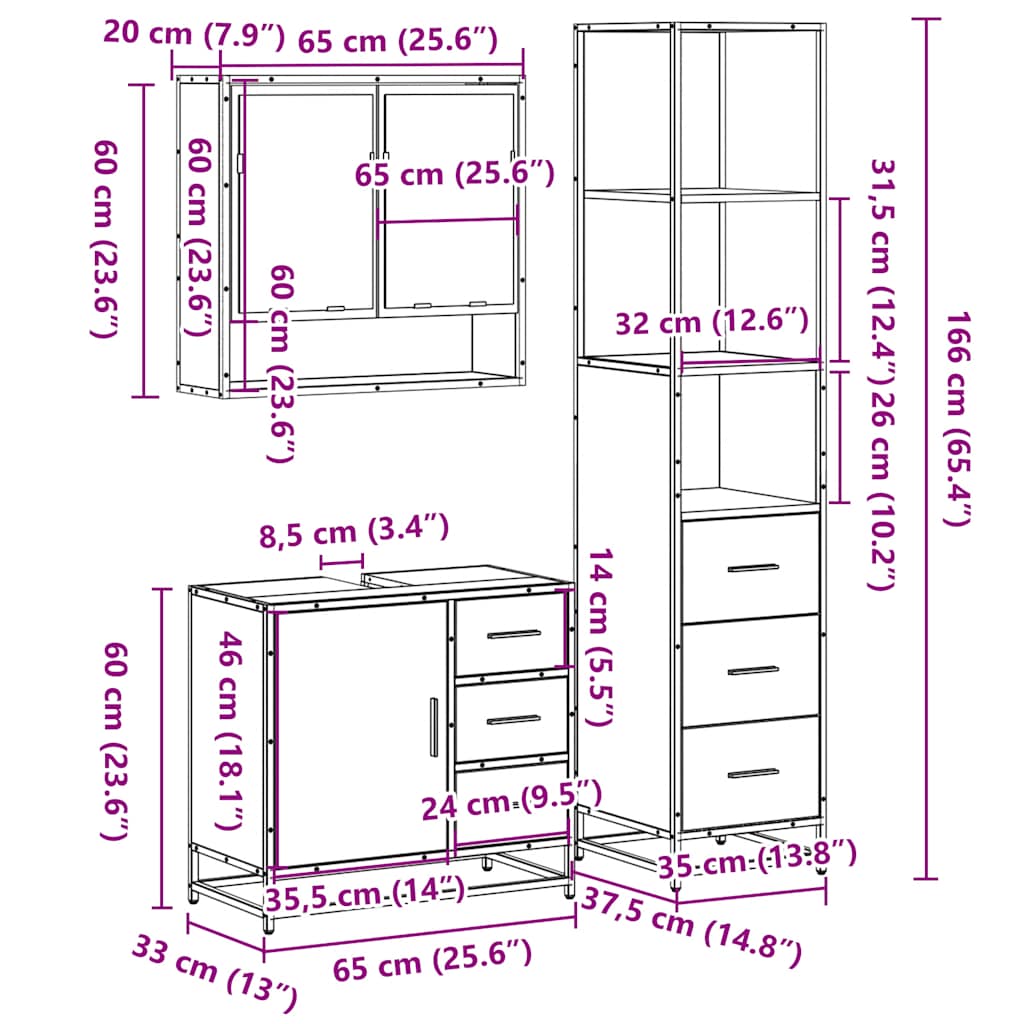 3 Piece Bathroom Furniture Set Engineered Wood