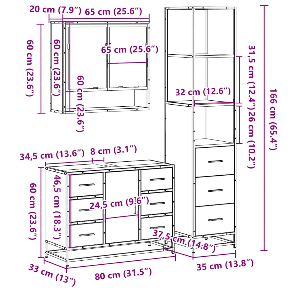 3 Piece Bathroom Furniture Set Engineered Wood