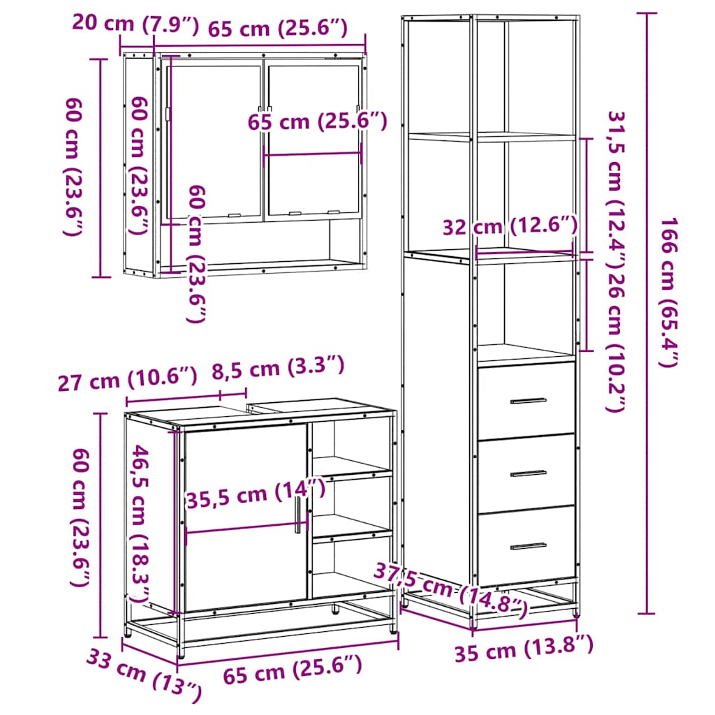 3 Piece Bathroom Furniture Set Engineered Wood