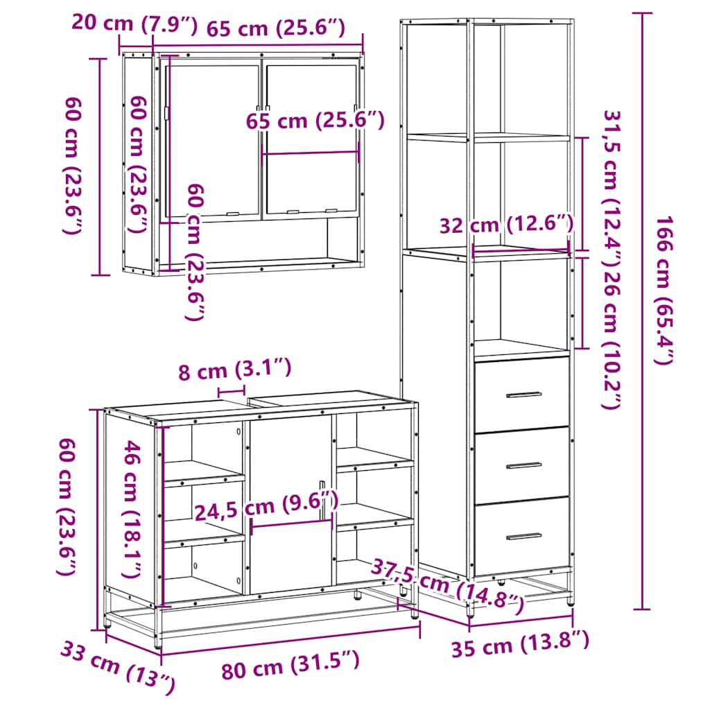 3 Piece Bathroom Furniture Set  Engineered Wood