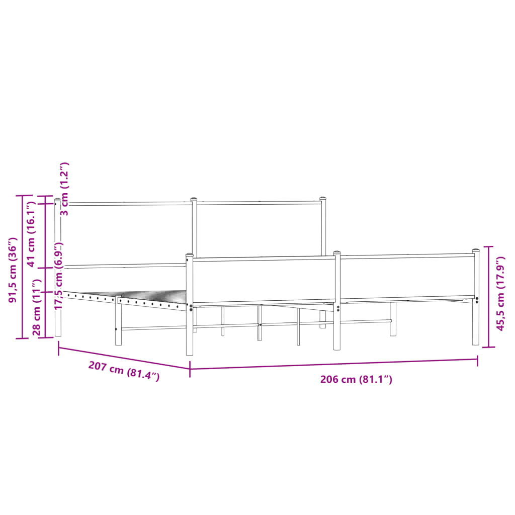 Metal Bed Frame without Mattress Brown Oak 200x200 cm