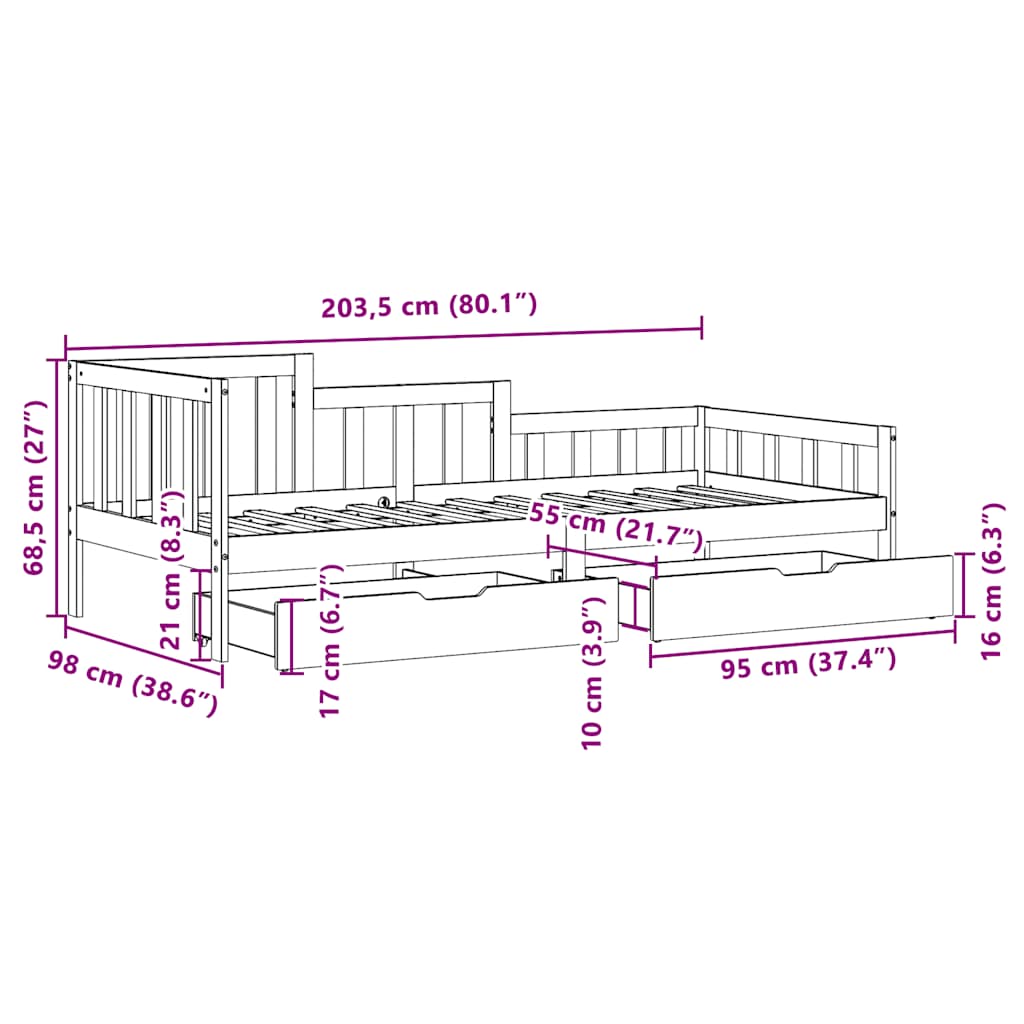 Daybed With Drawers Without Mattress 90X190 Cm Single Solid Wood