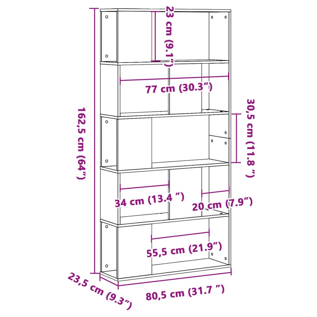 Bookcase 5-Tier 80.5X23.5X162.5 Cm Engineered Wood