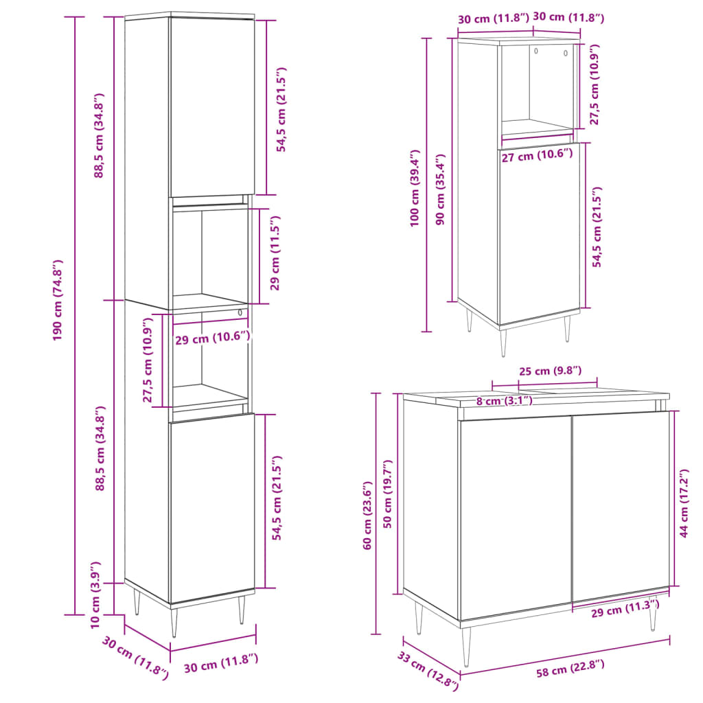 3 Piece Bathroom Furniture Set Engineered Wood