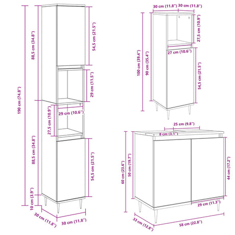 3 Piece Bathroom Furniture Set Engineered Wood