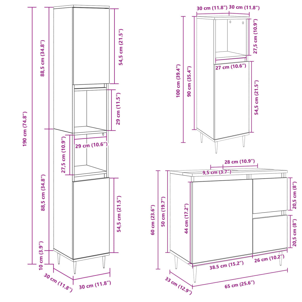 3 Piece Bathroom Furniture Set Engineered Wood