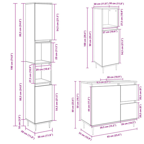 3 Piece Bathroom Furniture Set Engineered Wood