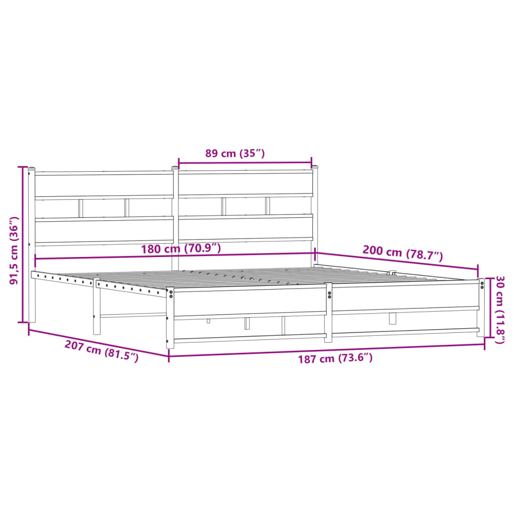 Metal Bed Frame without Mattress Smoked Oak 180x200 cm Super King