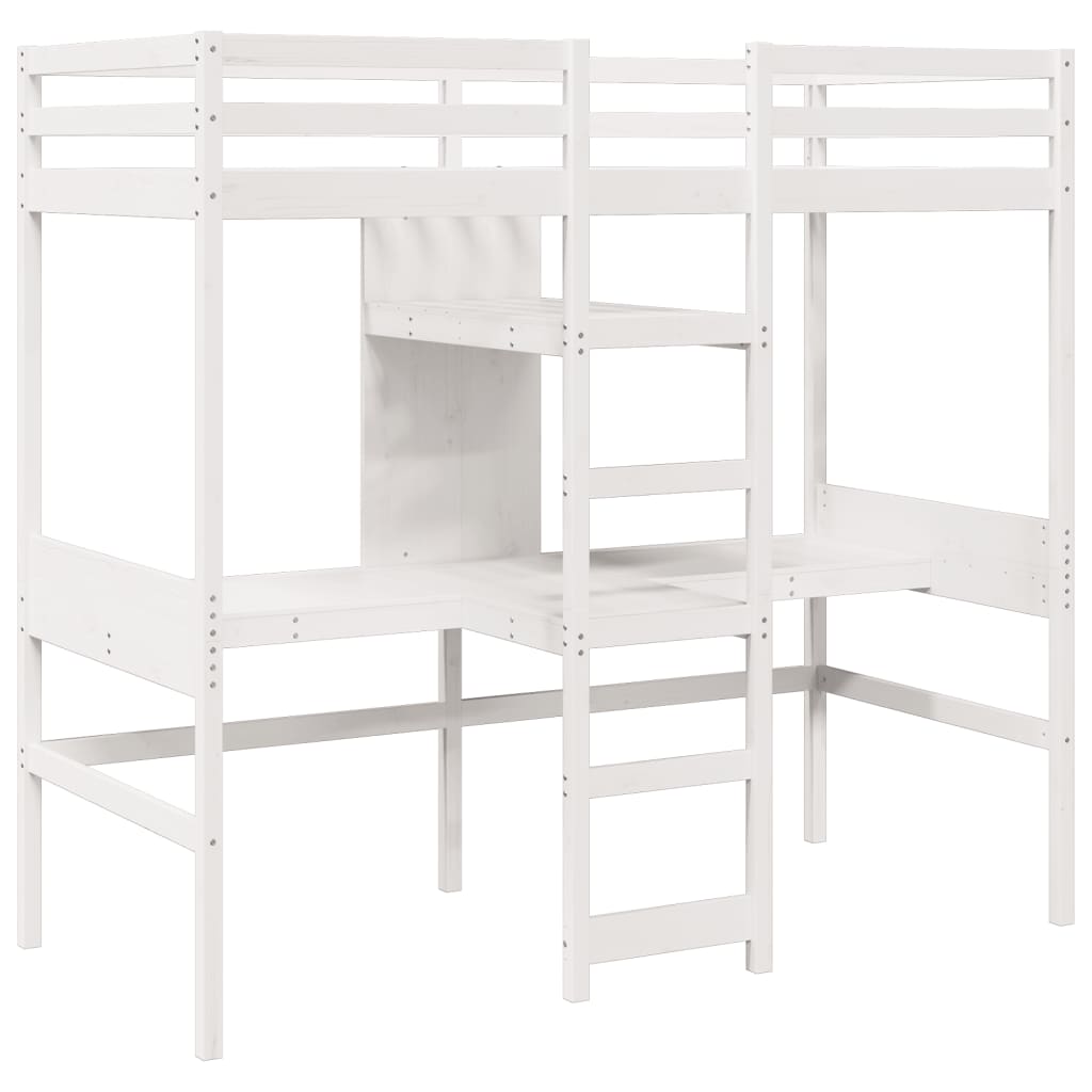 Loft Bed Frame With Desk And Shelves 90X200Cm Solid Wood Pine