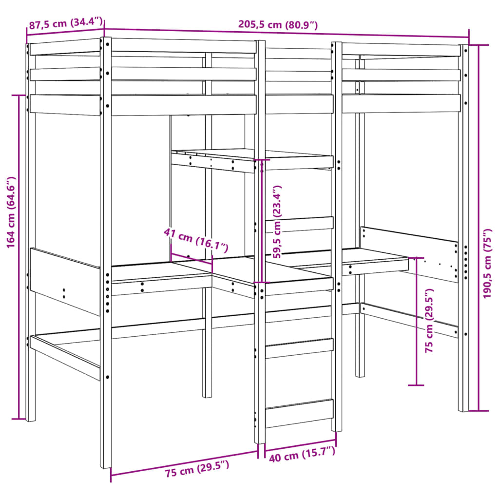 Loft Bed Frame without Mattress 80x200cm Solid Wood Pine
