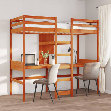 Loft Bed Frame With Desk And Shelves 90X200Cm Solid Wood Pine