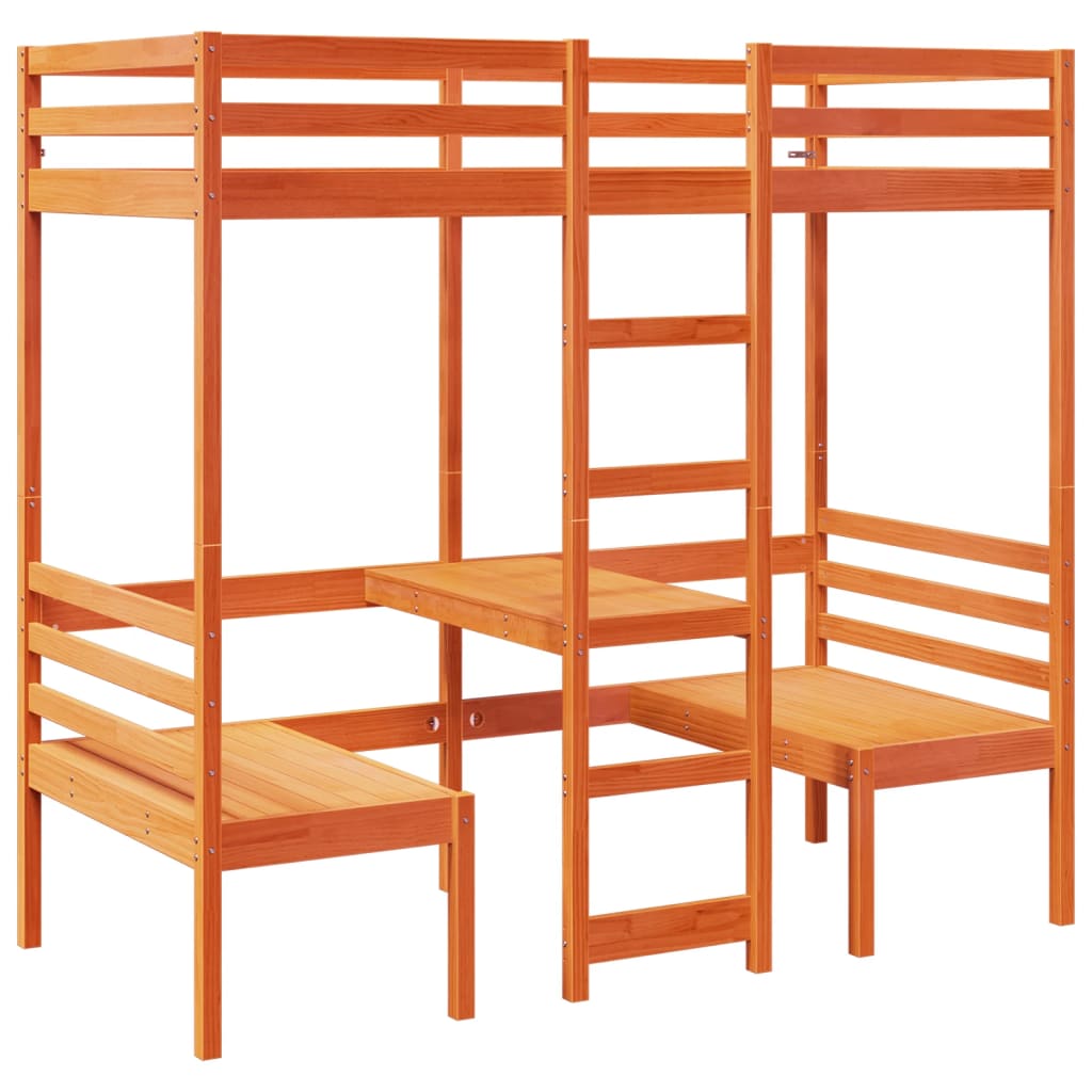 Loft Bed Frame With Desk And Chairs 90X200Cm Solid Wood Pine