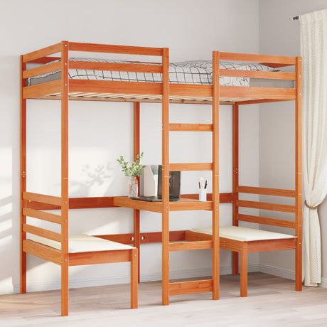 Loft Bed Frame With Desk And Chairs 90X200Cm Solid Wood Pine