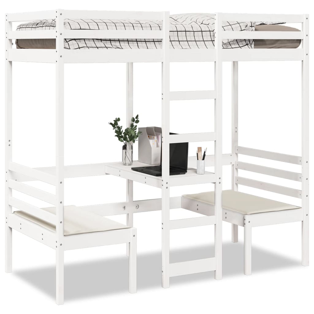 Loft Bed Frame With Desk And Chairs 90X200Cm Solid Wood Pine