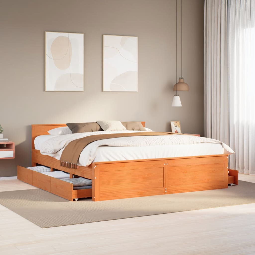 Bed Frame without Mattress with Headboard Wax Brown 200x200 cm Solid Wood Pine