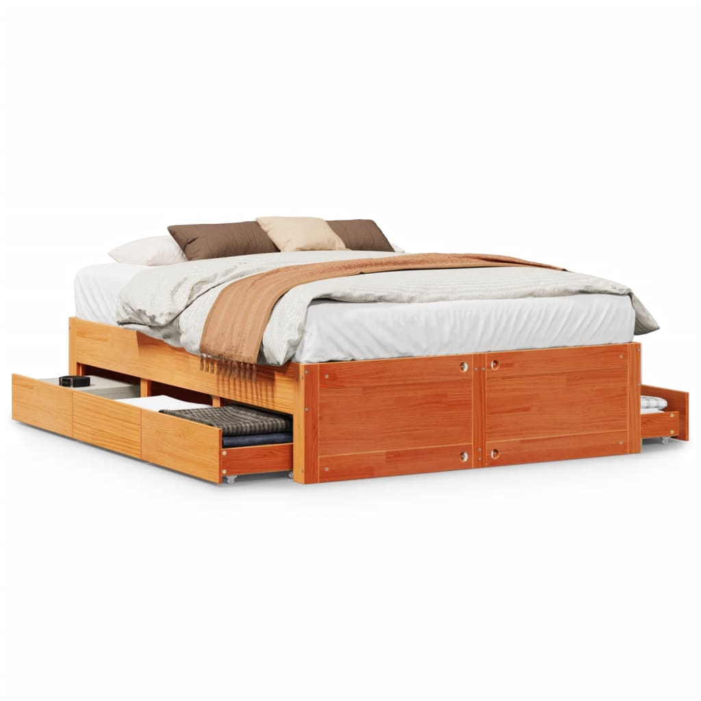 Bed Frame without Mattress with Drawers Wax Brown 140x190 cm Solid Wood Pine