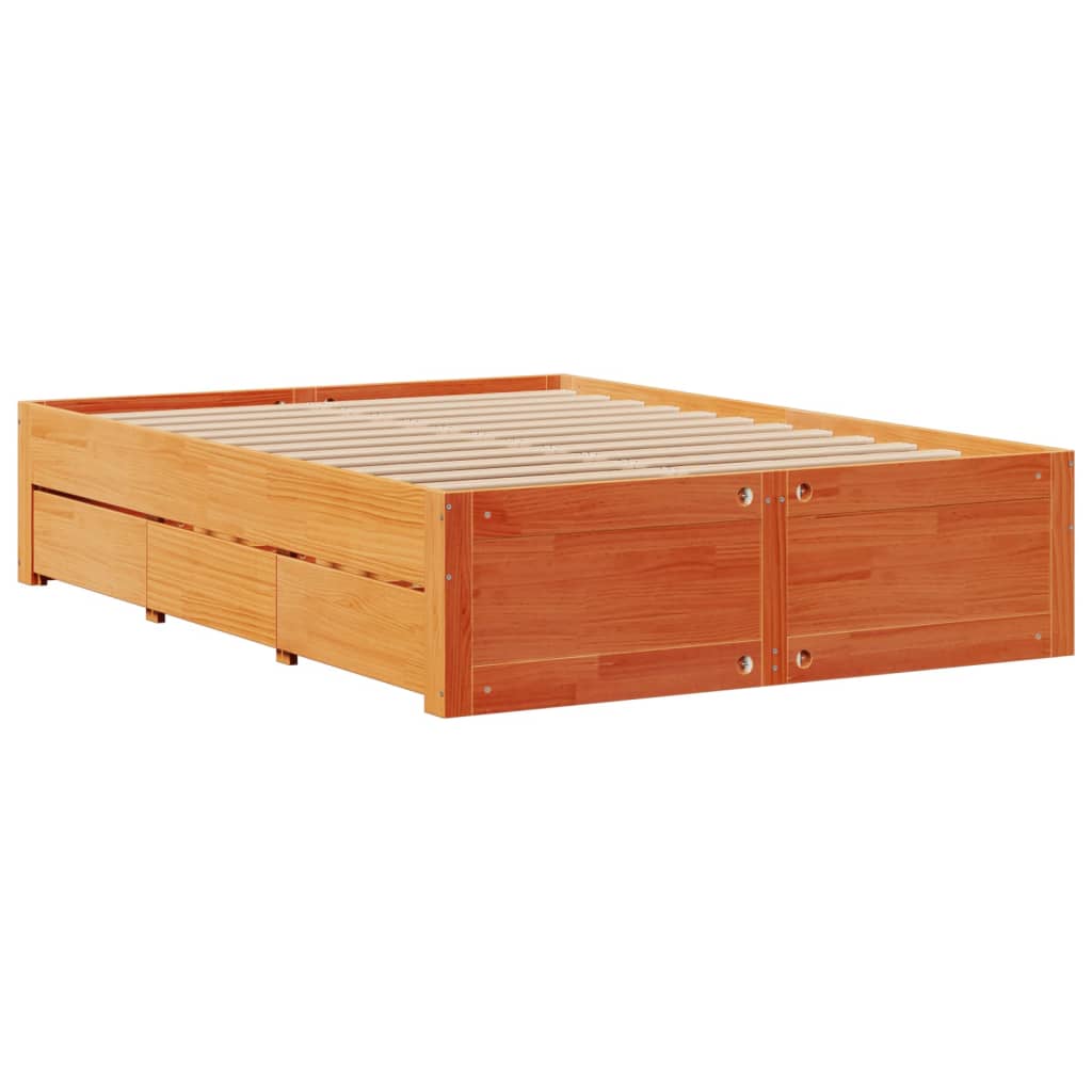 Bed Frame without Mattress with Drawers Wax Brown 140x190 cm Solid Wood Pine