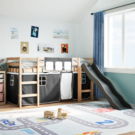 Kids' Loft Bed With Curtains White&Black Solid Wood Pine
