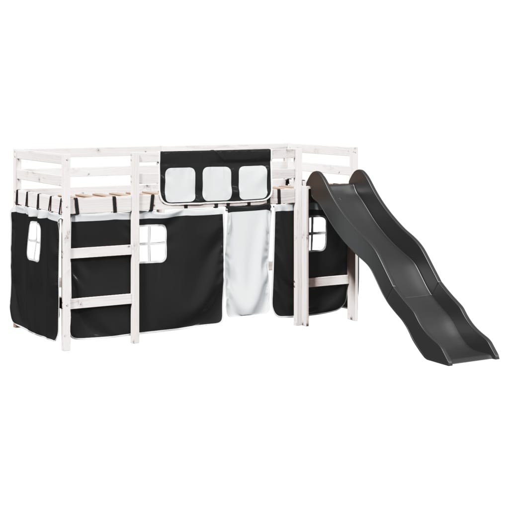 Kids' Loft Bed With Curtains White&Black Solid Wood Pine