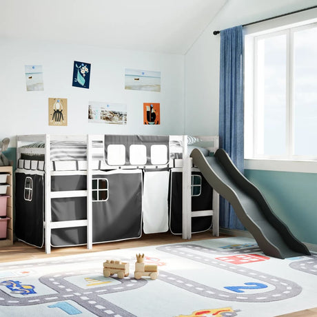 Kids' Loft Bed With Curtains White&Black Solid Wood Pine