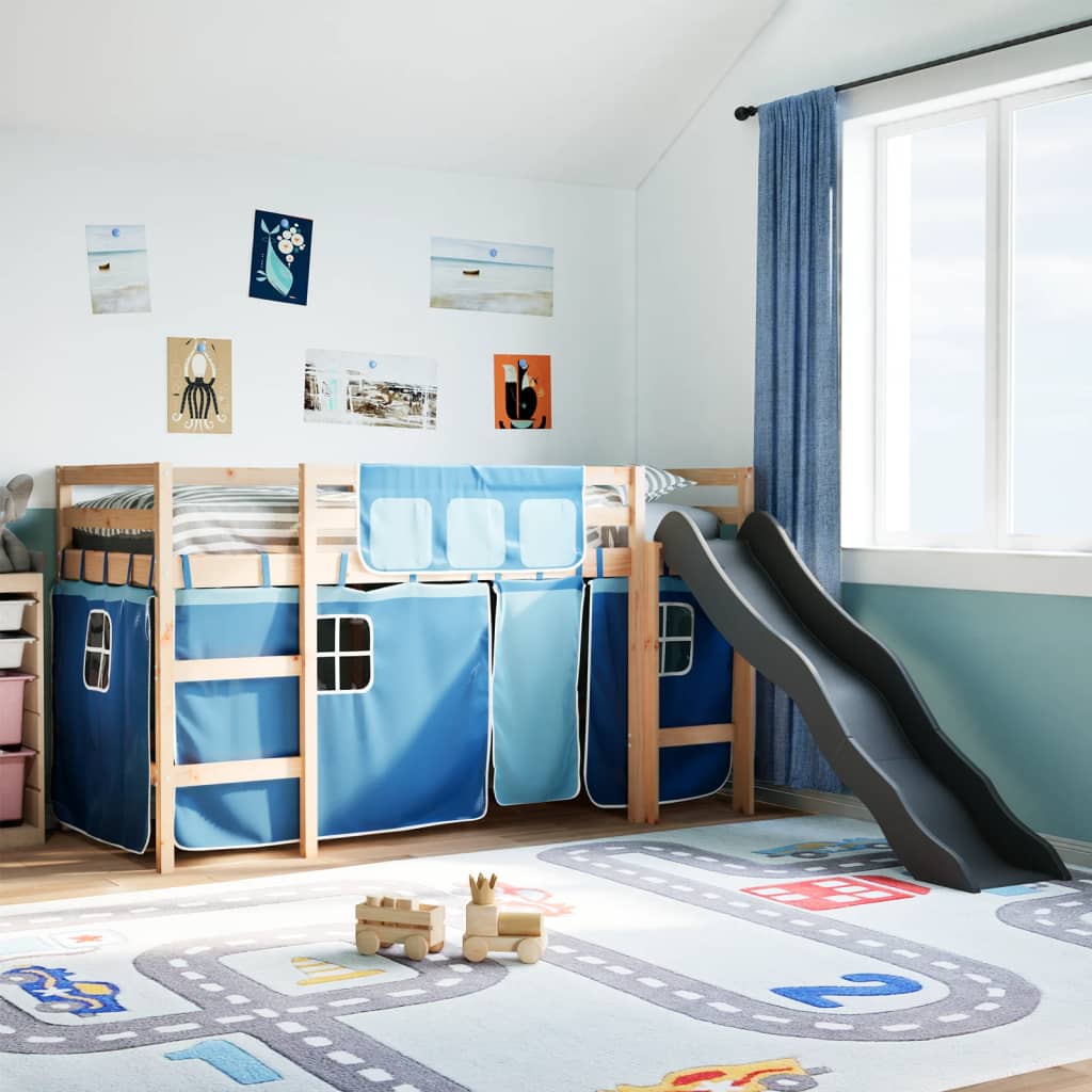 Kids' Loft Bed With Curtains White&Black Solid Wood Pine